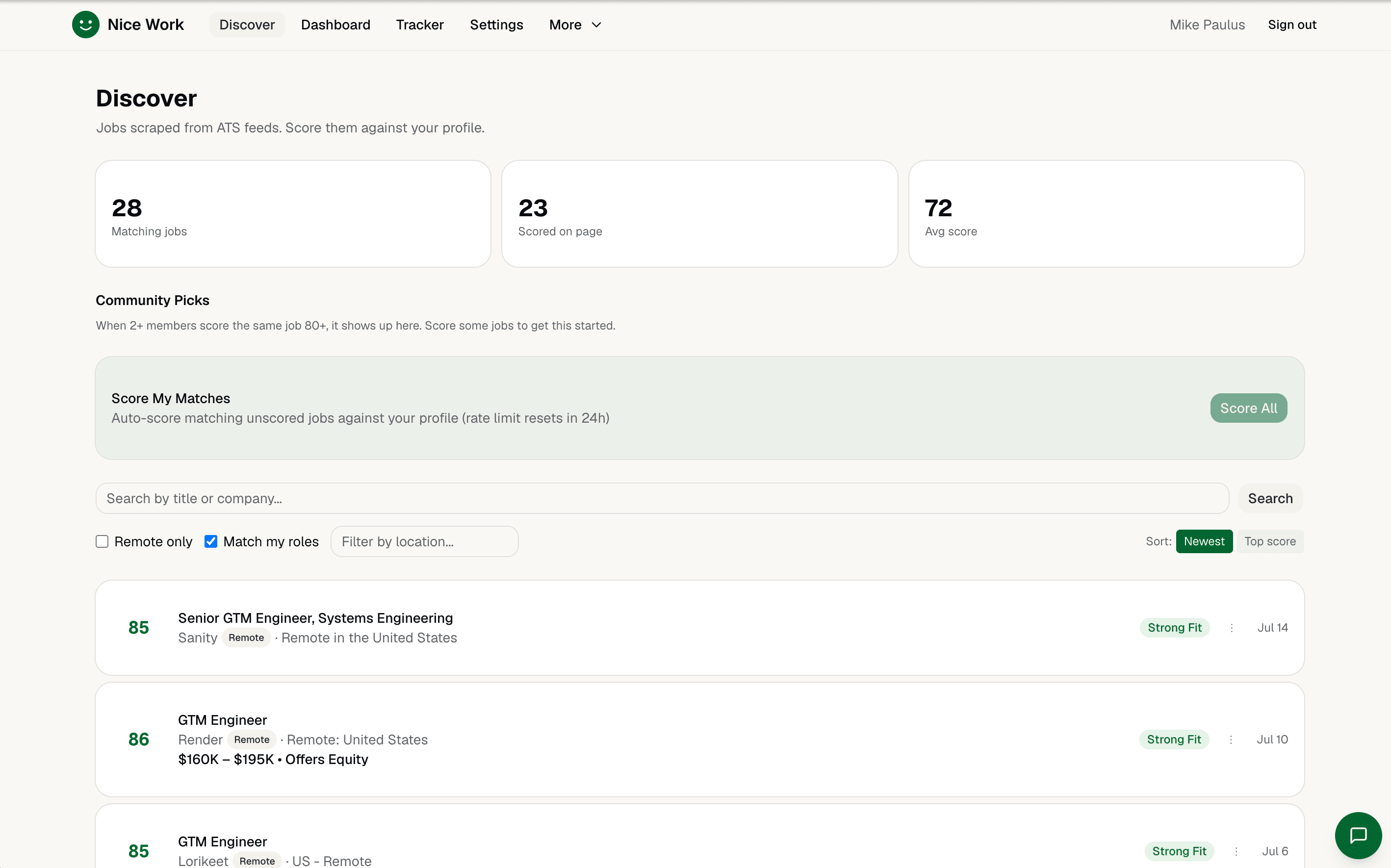 Discover page showing scored jobs with recommendations