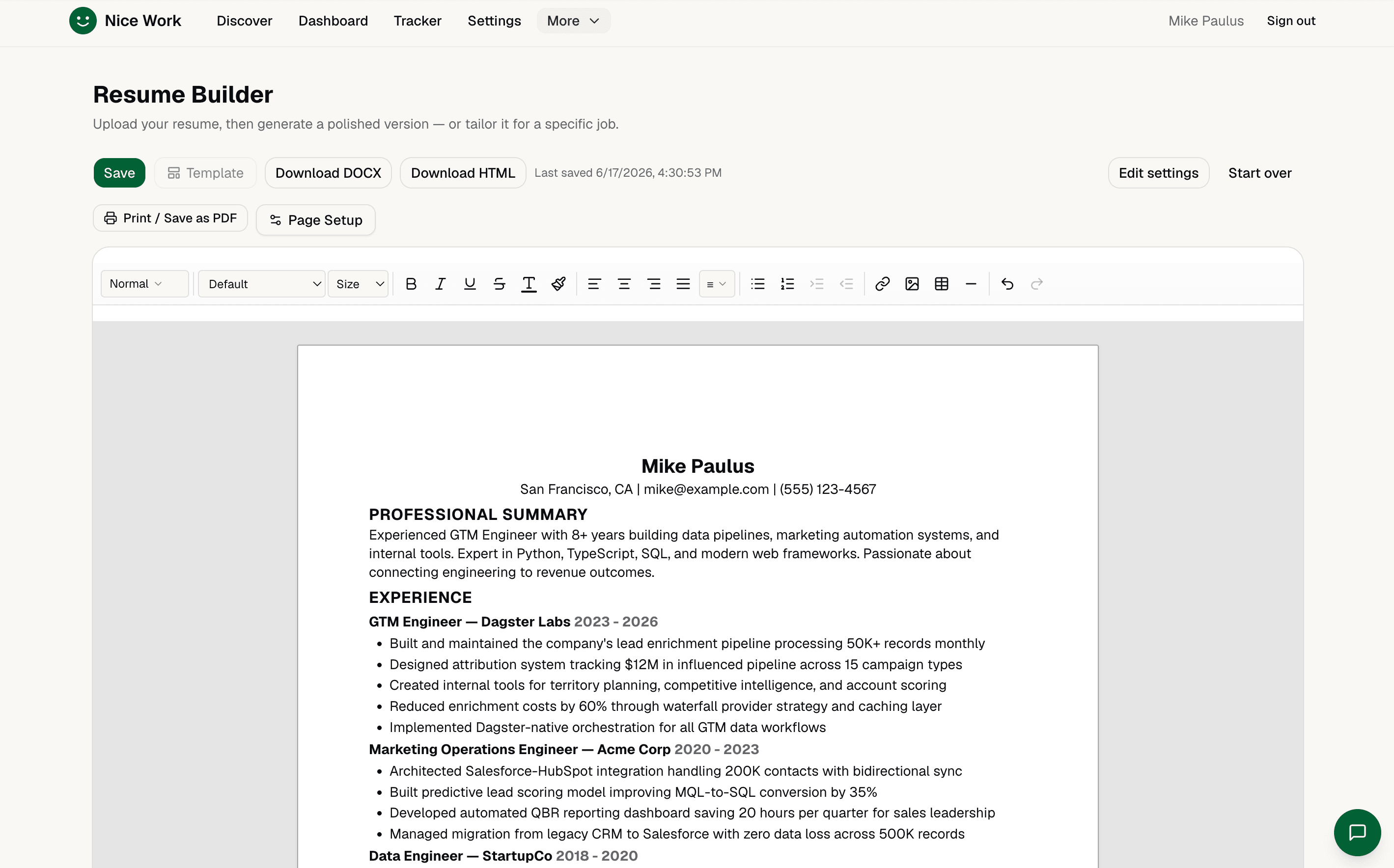 Resume Builder with rich text editor and DOCX export