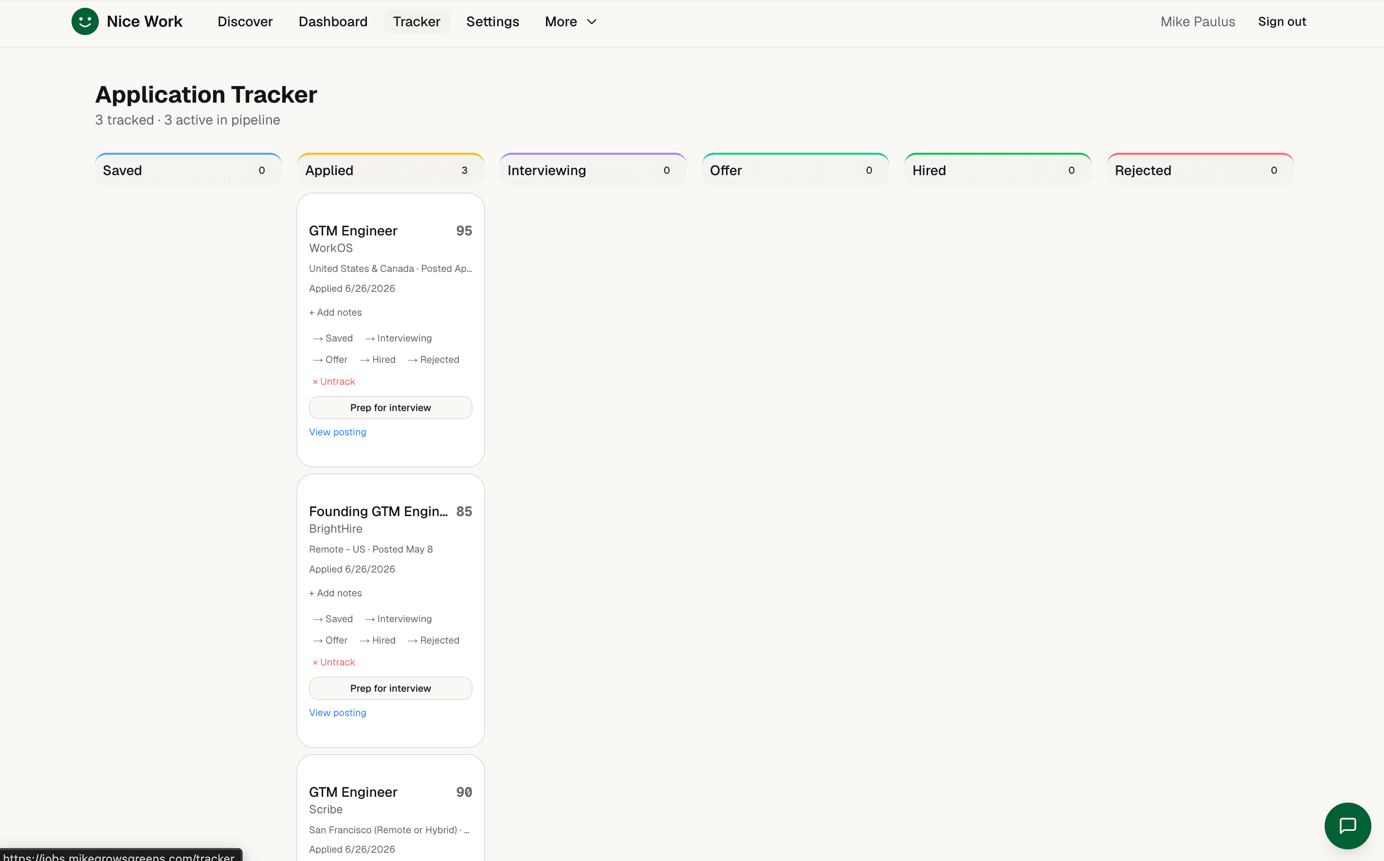 Application tracker kanban board